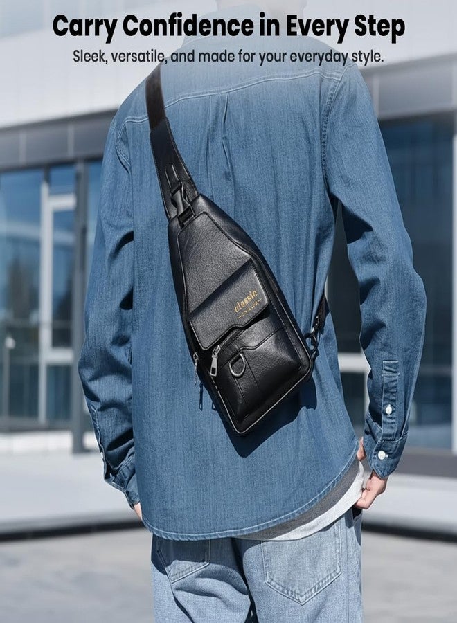 TECPHILE Classic 2008 PU Leather Sling Bag, Adjustable & Detachable Straps, 4 Storage Sections, Front Access Pocket, Key Chain Holder, Durable & Stylish, Unisex (Black) - Image 4